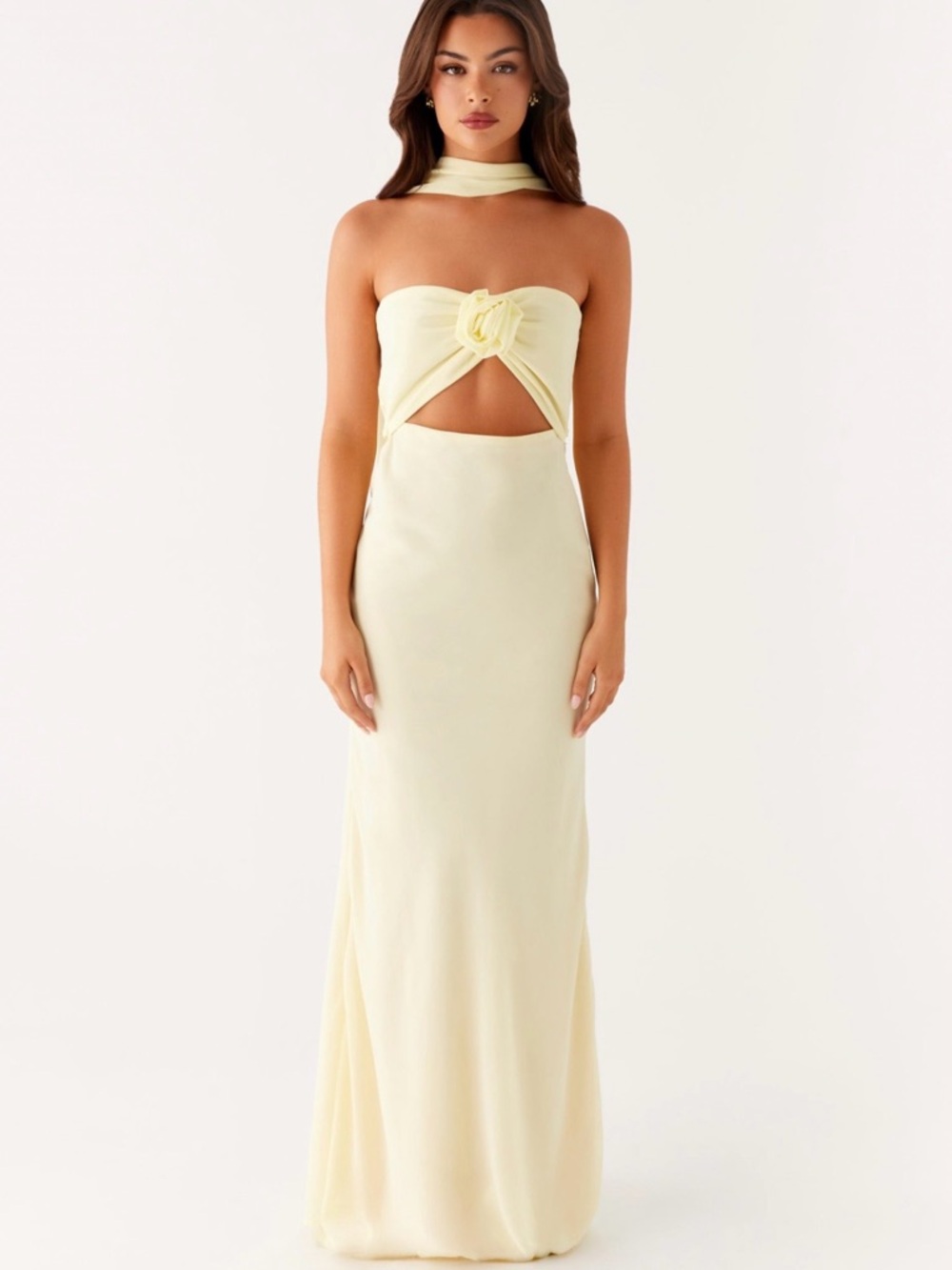 Peppermayo Pale Yellow Strapless Cutout Maxi Dress